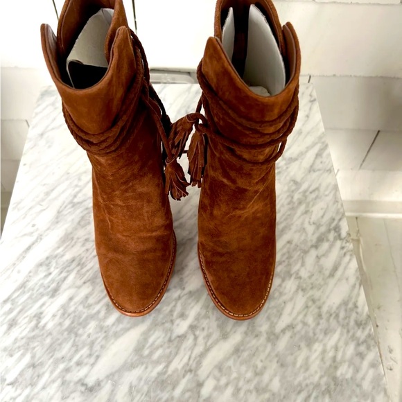 joie suede booties Boots Heels 38 8 Brown Tan Chestnut Tie Tassel - Picture 7 of 8